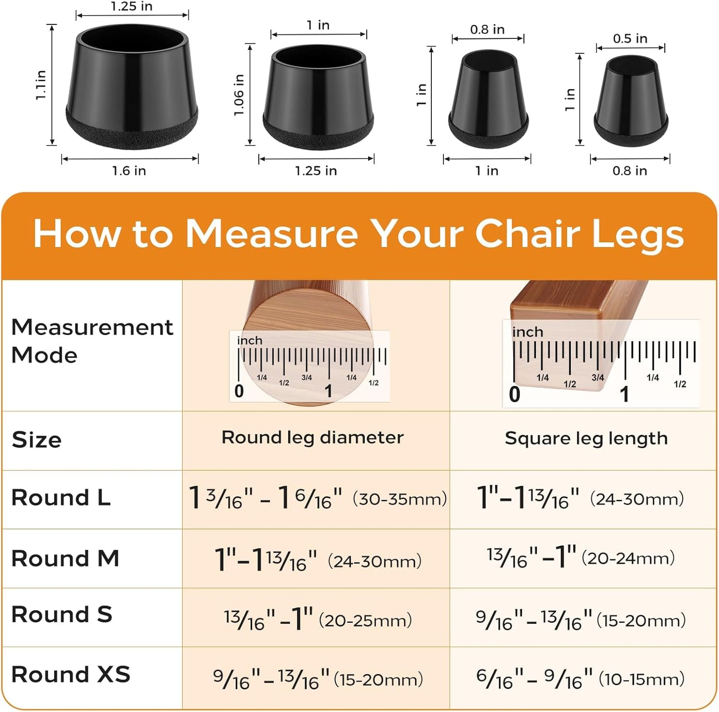 24 PCS Silicone & Felt Chair Leg Floor Protectors for Hardwood Floors - Furniture Pads, Chair Leg Covers/Cups - No Noise & Scratch-Proof - Round S (Fits 13/16"-1" / 20-25mm), Black