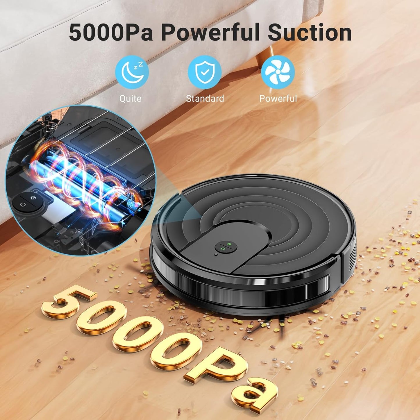 Robot Vacuum and Mop Combo, Robotic Vacuum Cleaner 5000Pa Strong Suction 130 Mins Runtime, Slim, Low Noise, Automatic Self-Charging, Wi-Fi/App/Alexa Control, Ideal for Hard Floor, Carpet, Pet Hair
