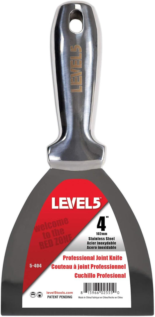 4" All Stainless Steel Joint Knife - LEVEL5 | Professional Grade Putty Blade, Premium Polished All-Metal, Precision Ground Edge, Ergonomic, Corrosion Resistant | 5-404