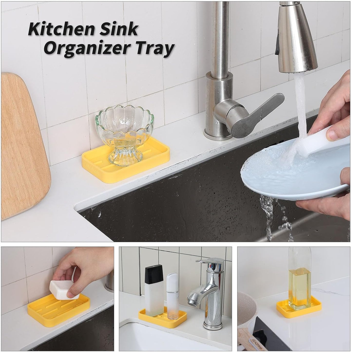 Silicone Kitchen Sink Organizer Tray for Multiple Usage,Easy Clean Sponges Holder for Kitchen Bathroom Counter or Sink,Dish Soap Dispenser,Scrubber,Bottle,Cup Yellow 4.9”x 3.2”