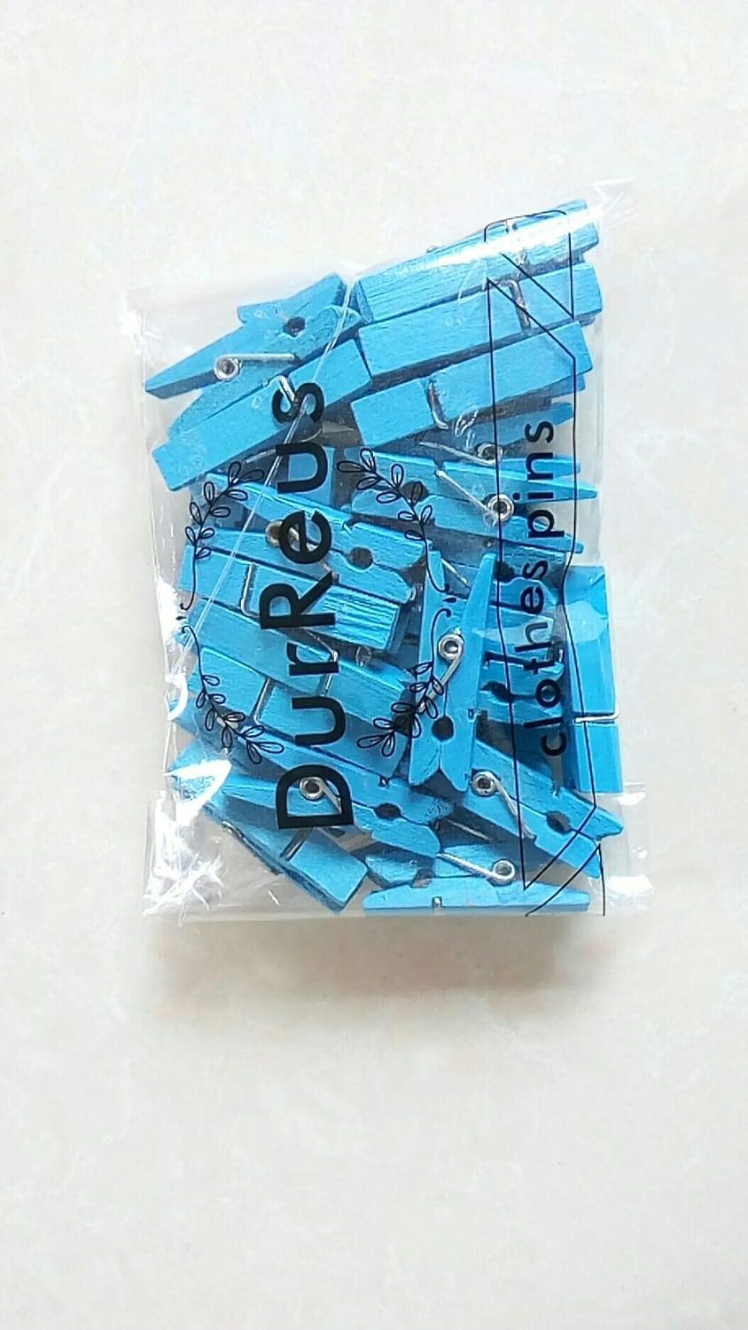 DurReus 50pcs Small Wood Clothes Pins Pegs Hangers Picture Display Art Crafts Clip Clamps String Wire Clothesline Party Office Decor Bright Blue