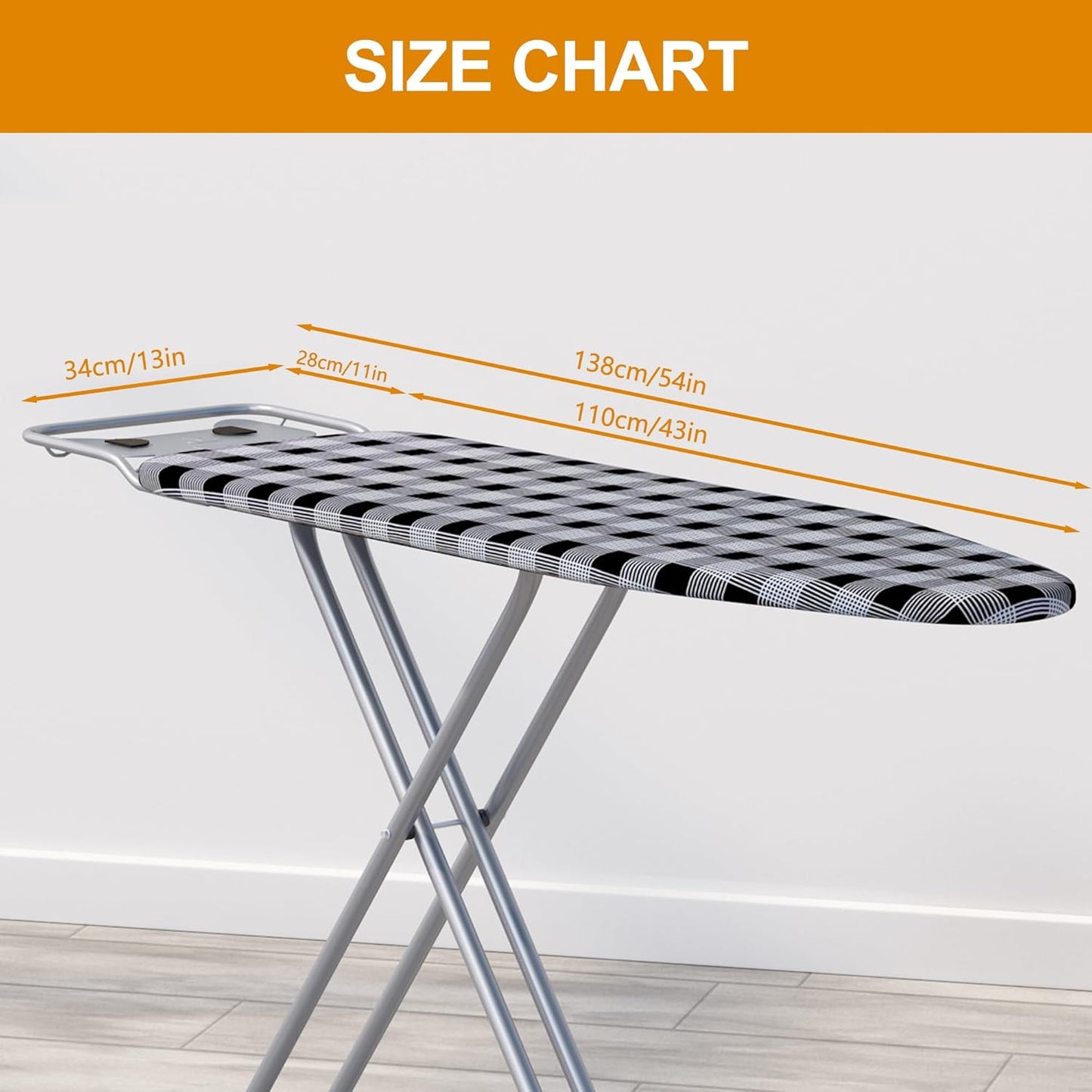 Ironing Board 13" X 43" W/Extra Thick Heavy Duty Padded Cover, Height Adjustable,Heat & Scorch Resistant Fabric, Anti-Skid Feet, Extra Wide, Easy to Fold Checkered Gray