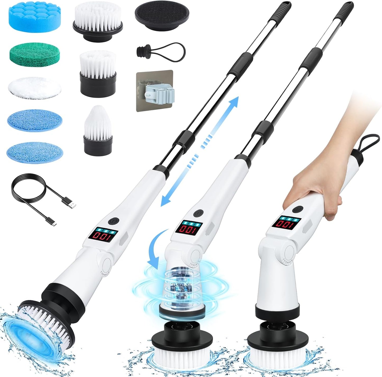 Electric Spin Scrubber, Shower Scrubber with Long Handle & 3 Speeds, 5200mAh Rechargeable Cordless Power Scrubber, Retractable & Adjustable Angle Spin Brush for Cleaning Bathroom/Tub/Floor/Tile