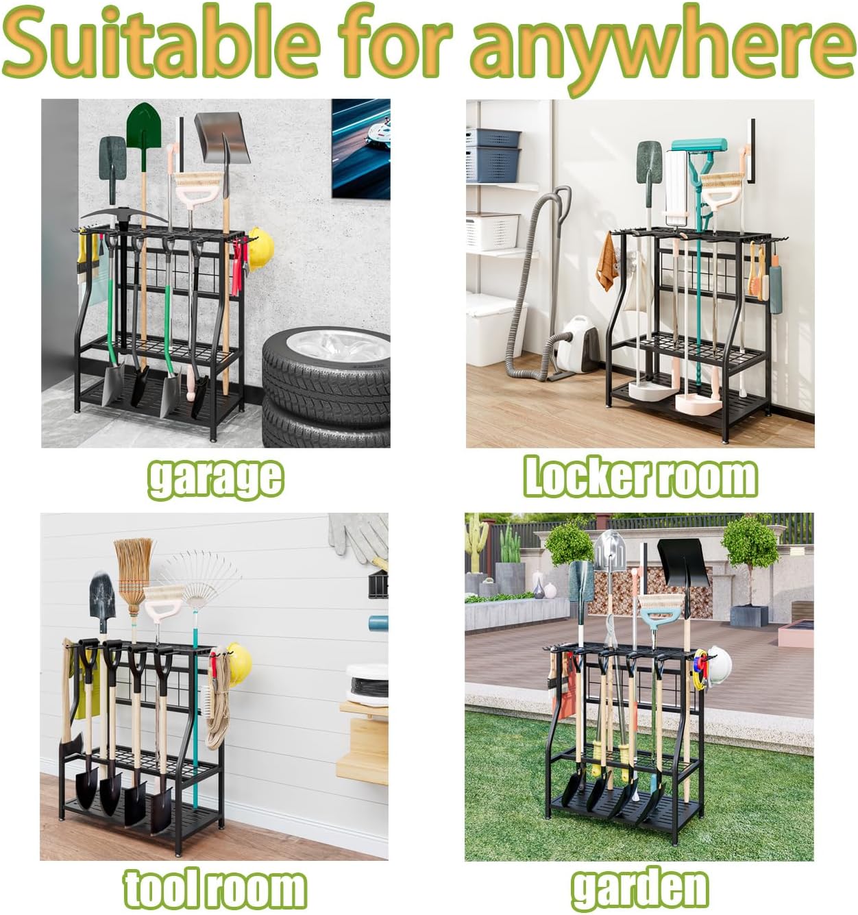 Garden Tool Organizer Holder Heavy Duty Steel Rack Up to 60 Long Handled Tools for Garage Shed Outdoor Garden Yard Black