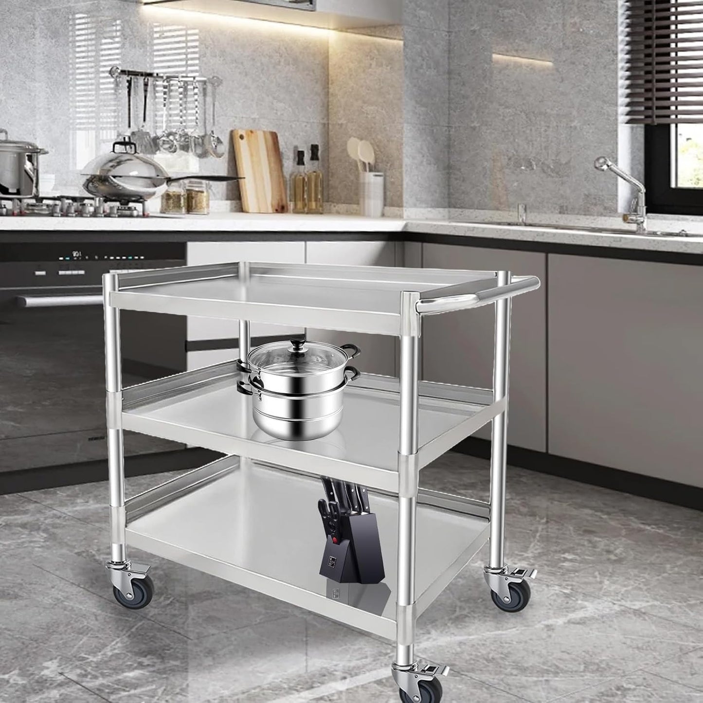 3-Shelf Stainless Steel Rolling Utility Cart - Heavy-Duty Metal Mobile Storage with Handle & Locking Wheels - Ideal for Kitchen, Medical, Lab, Restaurant & Home Use (16''x24''x34'')
