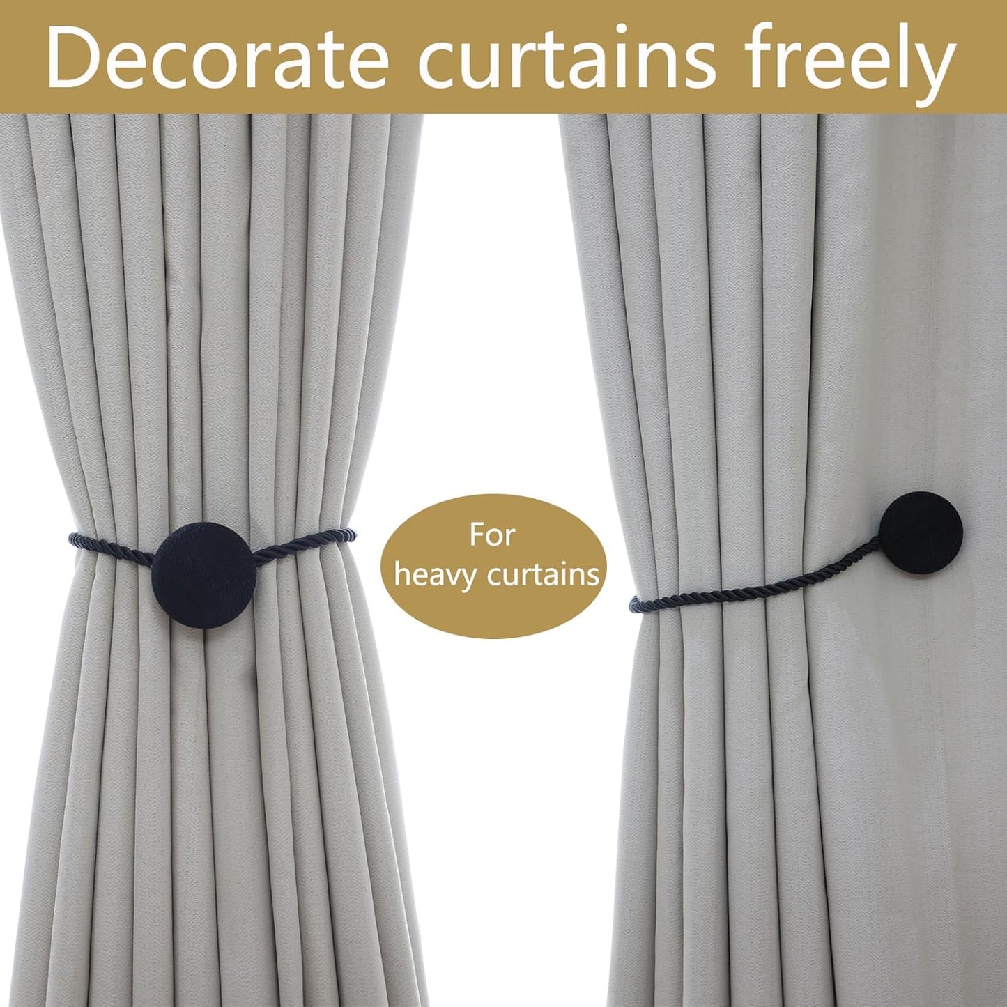 Magnetic Curtain Tiebacks - 12mm Magnetic Tie Backs for Curtains, Heavy Duty No Drill Curtain Holdbacks for Home/Office Windows Drapes, Elegant Gift-Ready Design 7 Colors (4, Black)