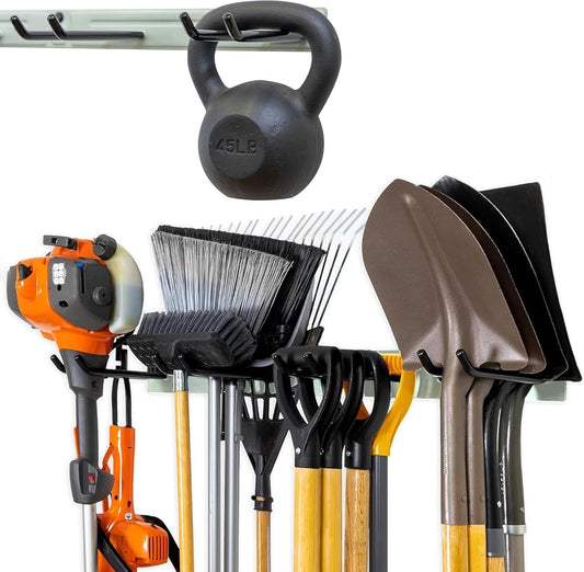 StoreYourBoard Wall-Mounted Rack With 4 Garage Hooks – Heavy-Duty Steel Holder Garage & Garden Storage for Shed, Workshop, or Home Organization – For Rakes, Shovels, Tools & More – 1 Pack, Cactus