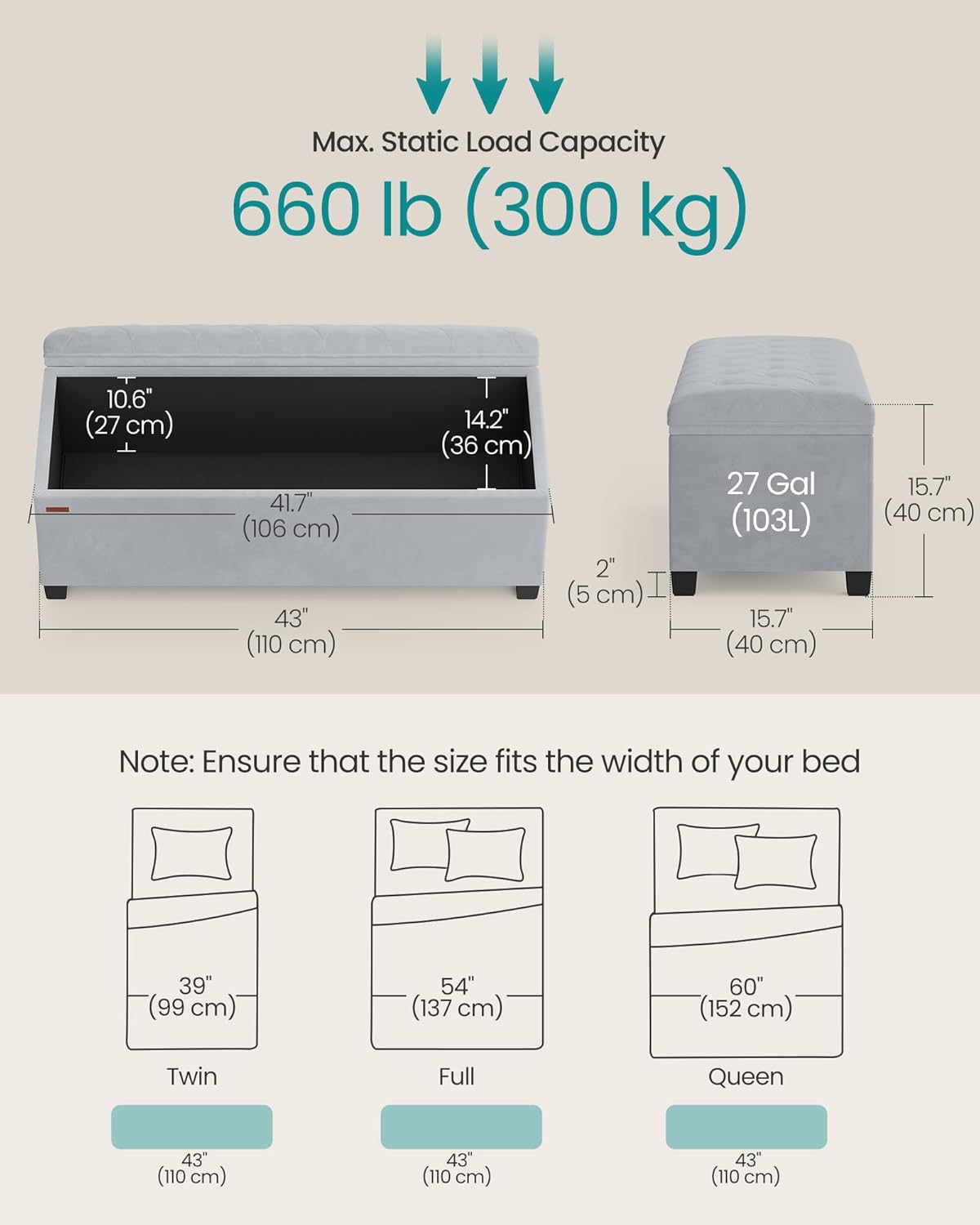 SONGMICS Velvet Storage Ottoman Bench, Foot Rest with Legs, 15.7 x 43 x 15.7 Inches, End of Bed Bench, Storage Chest, Load up to 660 lb, for Living Room, Bedroom, Entryway, Dove Gray ULSF089G02