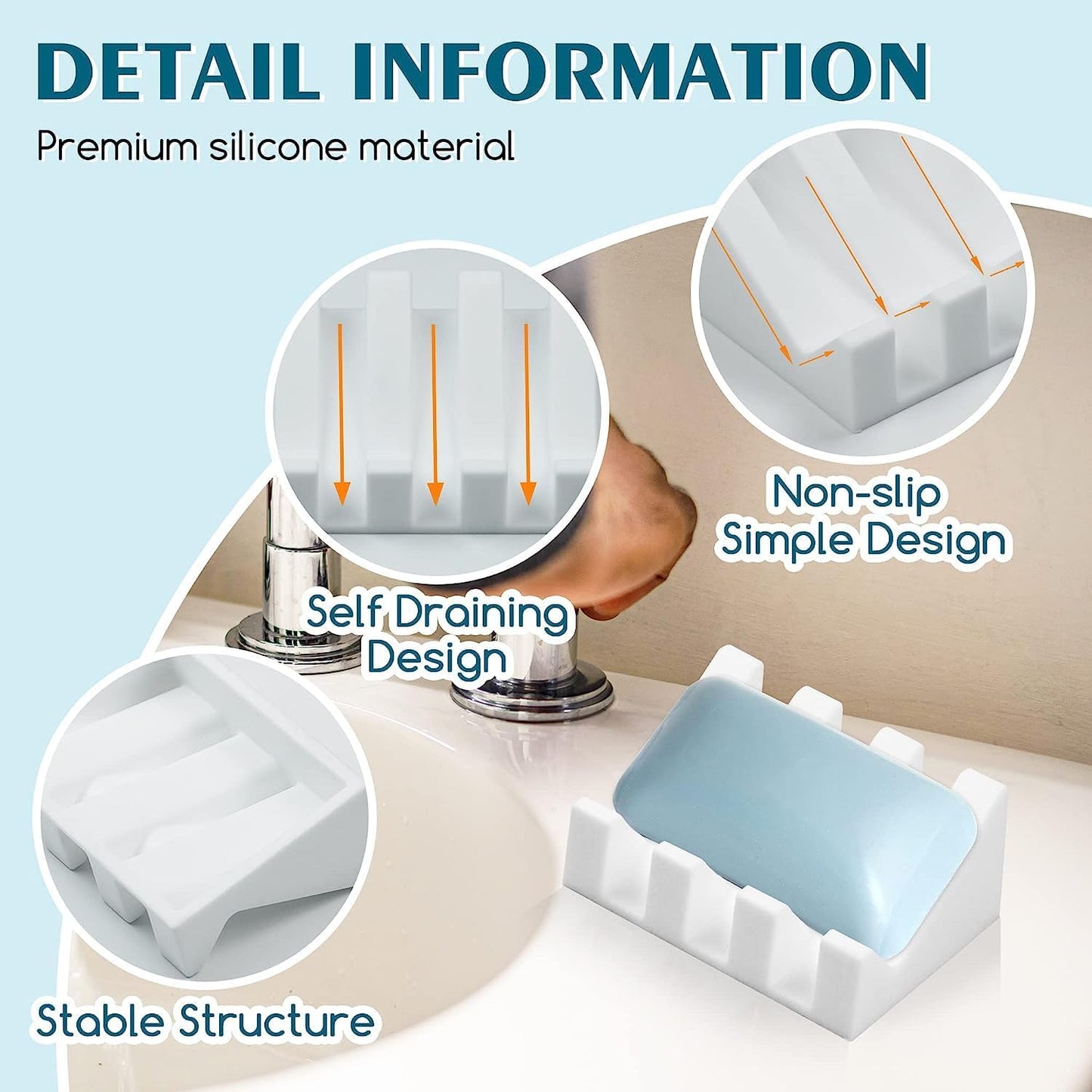 Silicone Soap Dish for Bar Soap Holder for Shower Bathroom Self Draining Waterfall Drying Tray Keep Soap Bars Dry Clean & Easy Cleaning (White, 1)