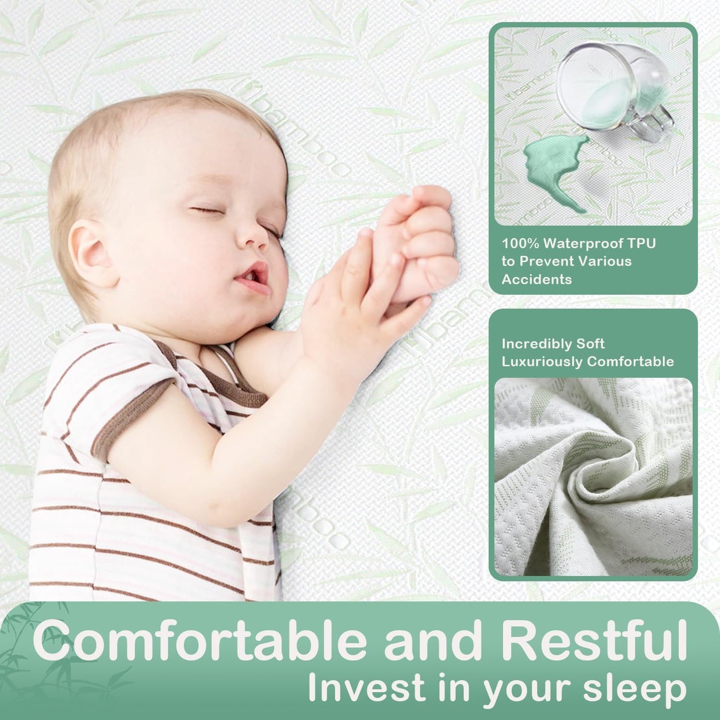 King Mattress Protector Waterproof Mattress Pad Washable Bamboo Rayon Mattress Cover Breathable Noiseless Bed Protector 5" - 21'' Elastic Fitted Deep Pocket