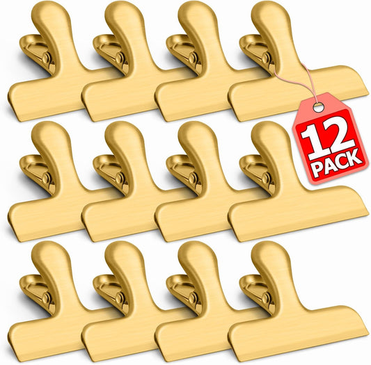 VNDUEEY 12 Pack Chip Clips, Stainless Steel Bag Clips for Food - Keep Snacks Fresh, Strong Grip Chip Clip Bag Clip, Perfect for Kitchen and Office Supplies -3 Inches, Gold