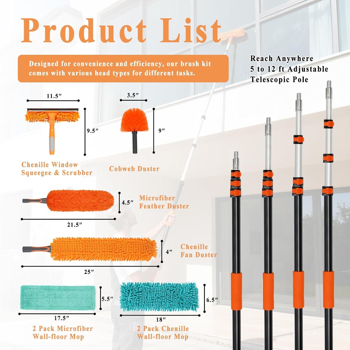 20ft High Ceiling Duster Kit with 5-12ft Heavy-Duty Extension Pole, Cobweb Duster, Ceiling Fan Duster, Window Squeegee & Cleaner, Microfiber Duster, Wall Mop for Home High Reach Cleaning