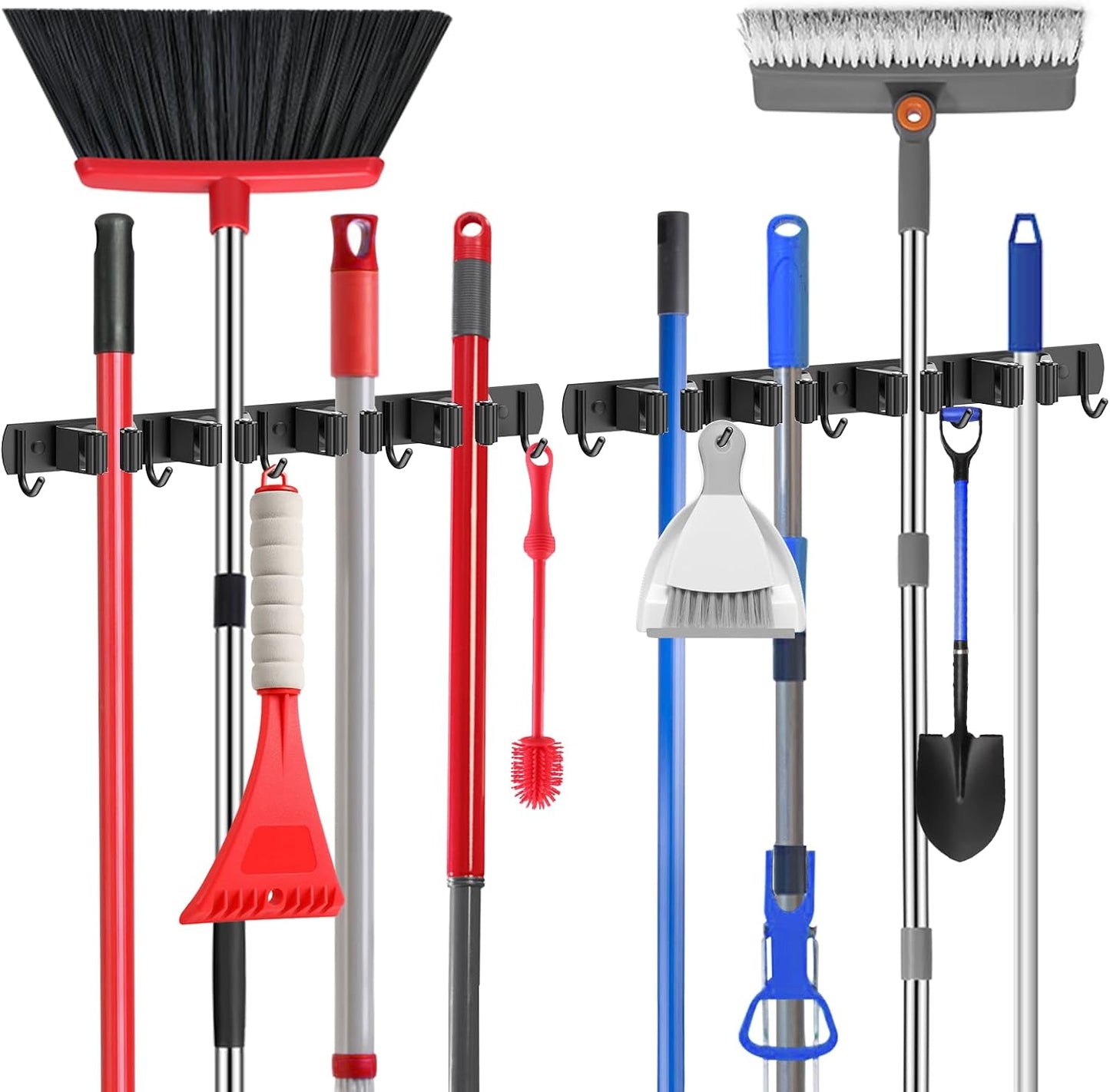 nacena Broom holder Wall Mount, 2-Pack Black Stainless Steel Self-Adhesive Mop and Broom Hooks Heavy Duty Broom and Mop Storage Rack laundry room organization for Kitchen Garden garage