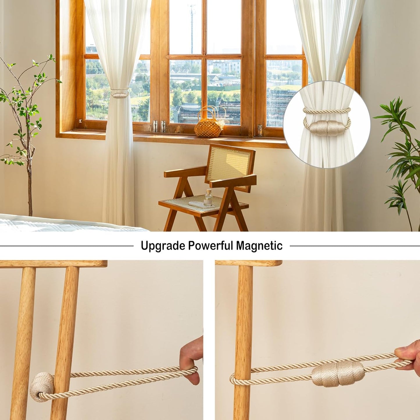 Magnetic Curtain Tiebacks Rope Curtain Tie Backs for Curtains 4 Pack Curtain Holders for Drapes Decorative Window Curtain Holdbacks, Beige