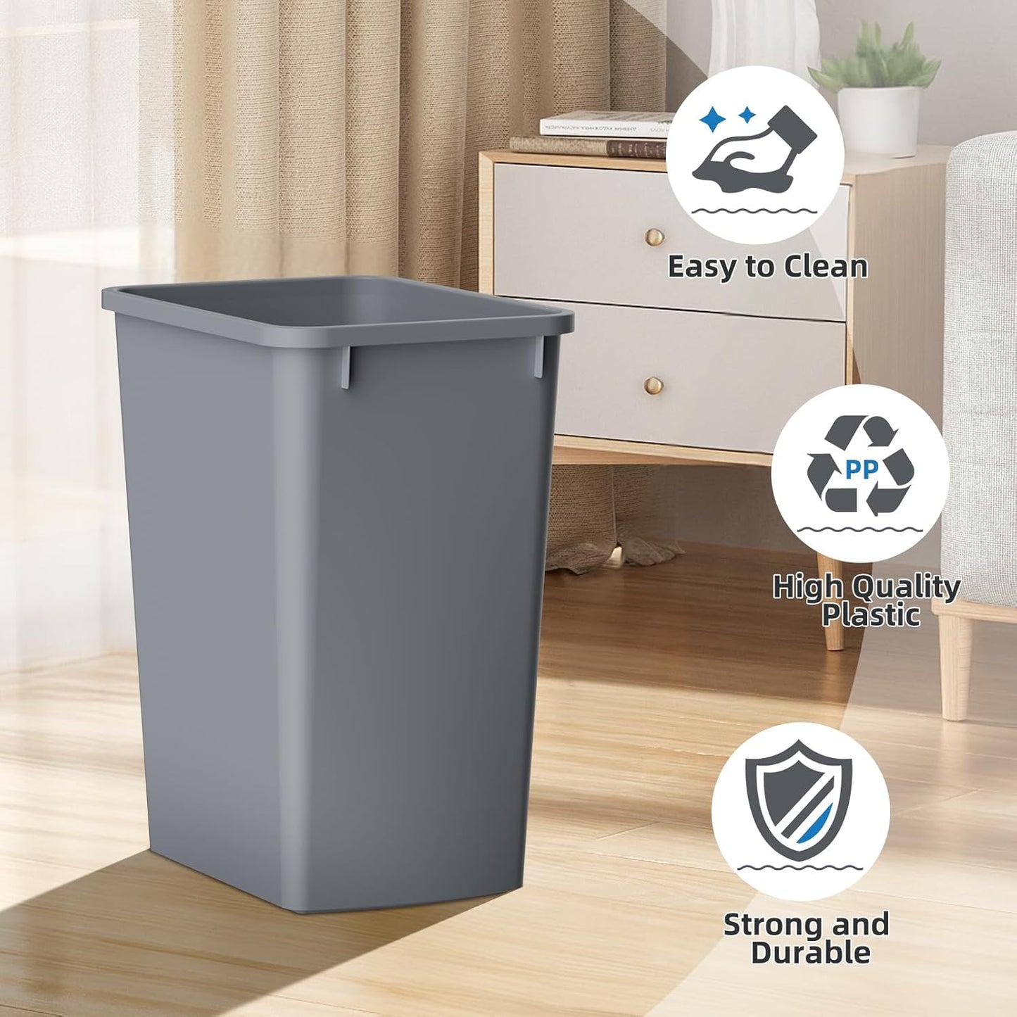 ROOMTEC Lightweight and Durable Slim Trash Can, 35QT Kitchen Trash Can, Lightweight and Sturdy Slim Trash Cans, Wastebaskets for Office, Workspace, Kitchen, Bathroom, 2 PCS