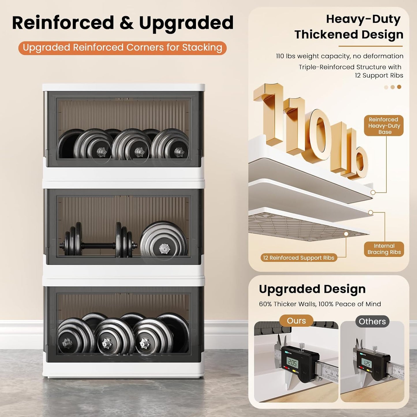 8.4Gal Collapsible Storage Bins with Lids & Wheels - 1 Pack Stackable with Doors, Heavy-Duty Plastic Containers for Home/Office, White