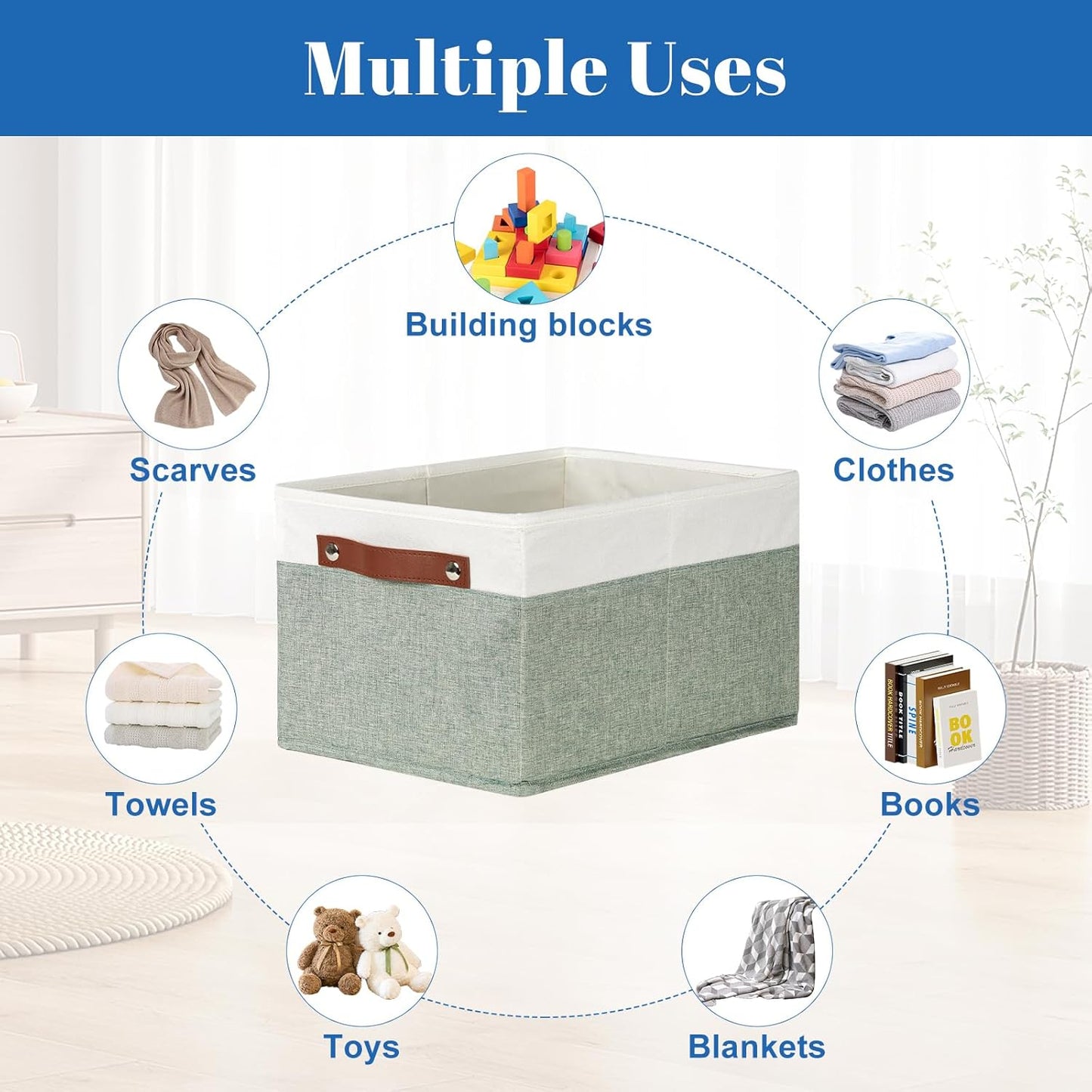 Temary Storage Bins Storage Baskets 4Pack Fabric Storage Bins for Shelves with Dual Leather Handles Canvas Storage Boxes for Organizing Home, Shelf, Closet (White&Green)