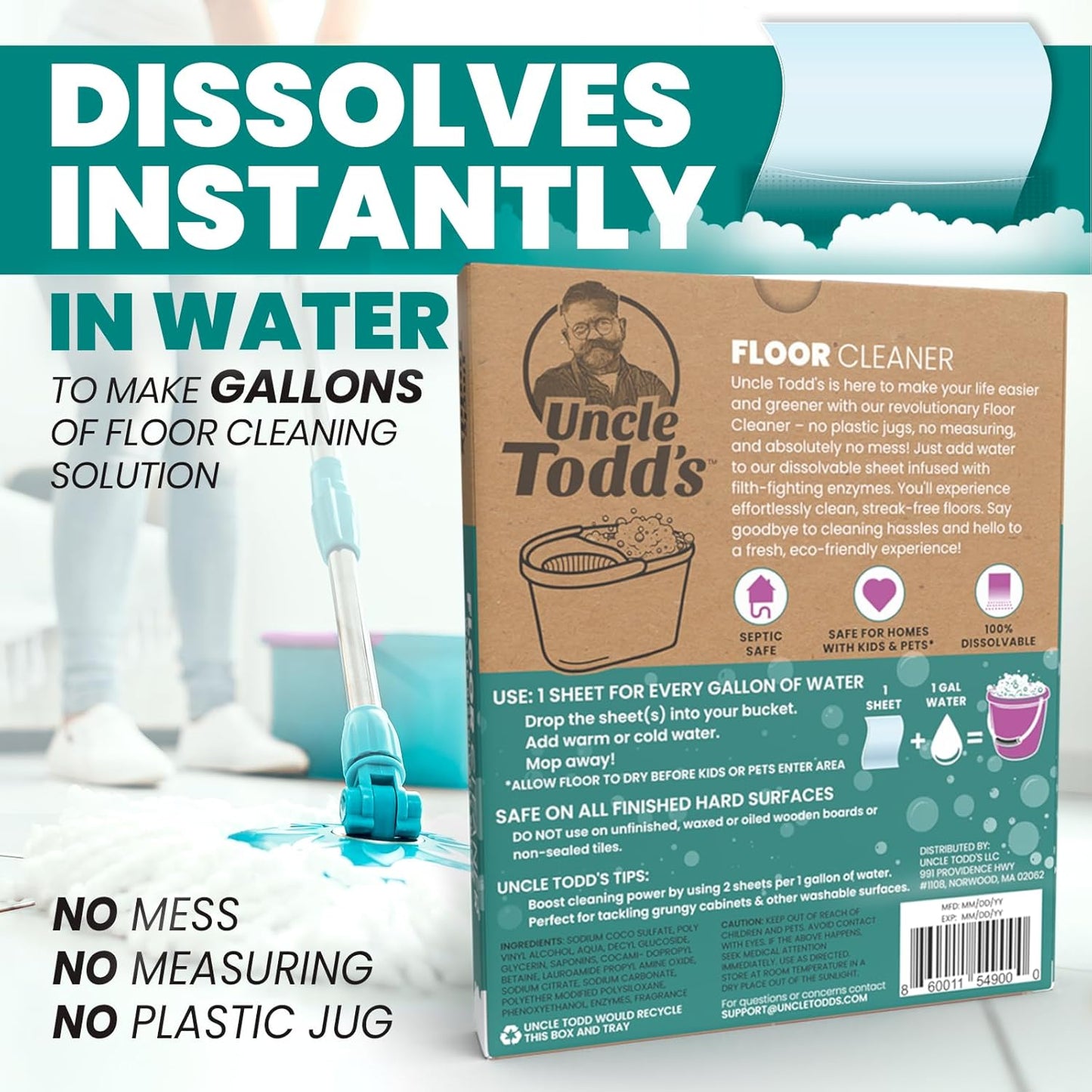 Uncle Todd's Ultra Concentrated Floor Cleaner For Mopping: 30 Natural, 100% Dissolvable Sheets for Mopping – Hardwood & Wood Floor Cleaner with Filth-Fighting Enzymes, Plastic-Free Packaging