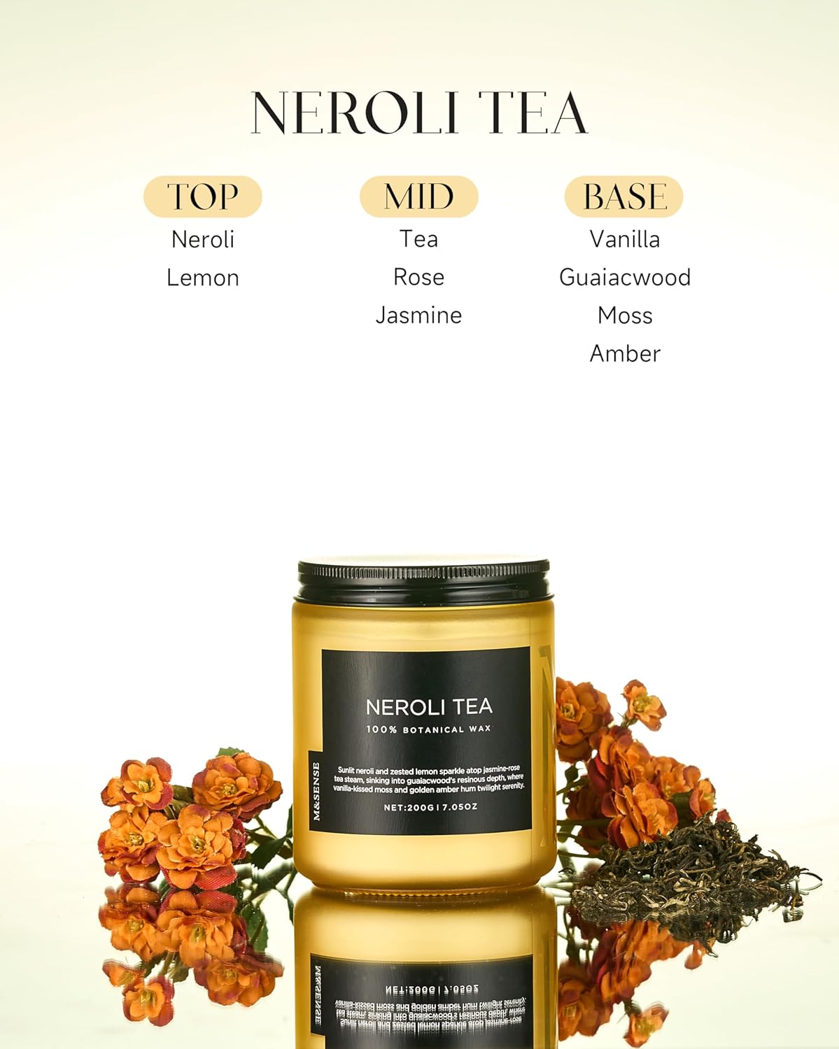 M&SENSE Neroli Tea Scented Candle, 7.05oz 50 Hours Long Lasting Burn 2 Wick Non Toxic Natural Soy Wax Candle for Women, Slow Burning Home Fragrance Gifts for Stress Relief & Relaxing