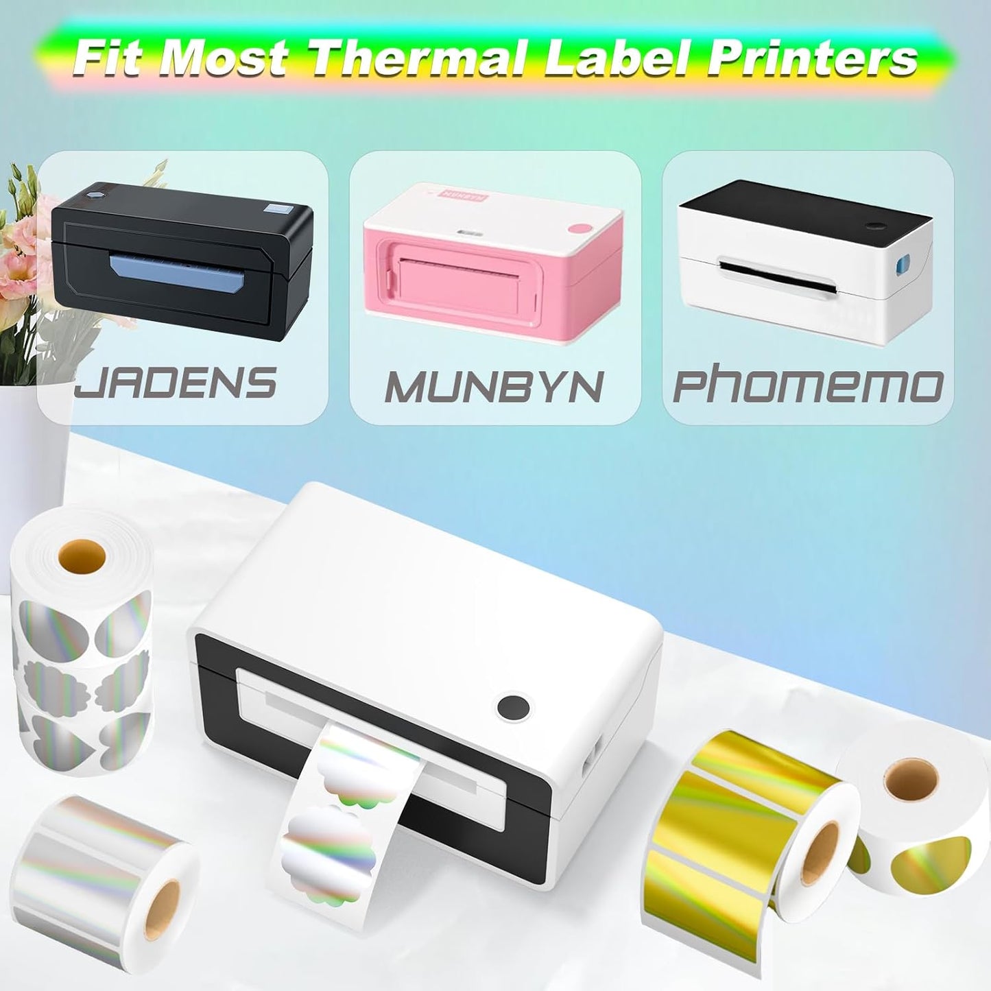 Flower Holographic Thermal Stickers 2 inch, 400 Labels for Logo, Name Tags, Thank You Cards, QR Codes, Compatible with Rollo, Zebra Printers