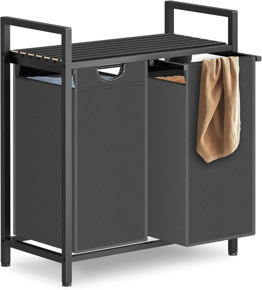 Laundry Hamper, Laundry Sorter with 2 Pull-Out Removable Oxford Fabric Bags Cloth Laundry Basket 2 x 10 Gallons (Grey and Charcoal Black)