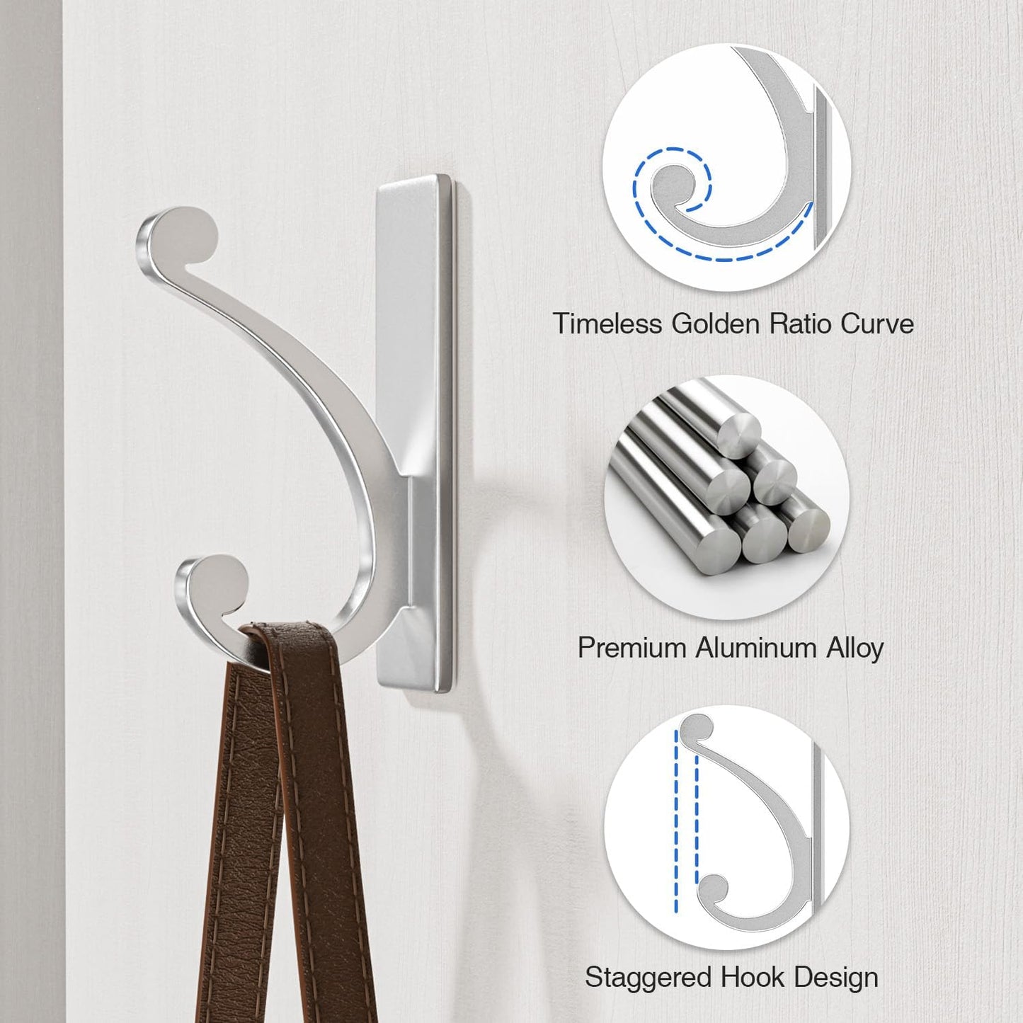 8-Pack Adhesive Wall Hook for Towel/Coat - Extra Sticky 10LB Stainless, Stick on Hanger for Bath or Shower, Matt Silver