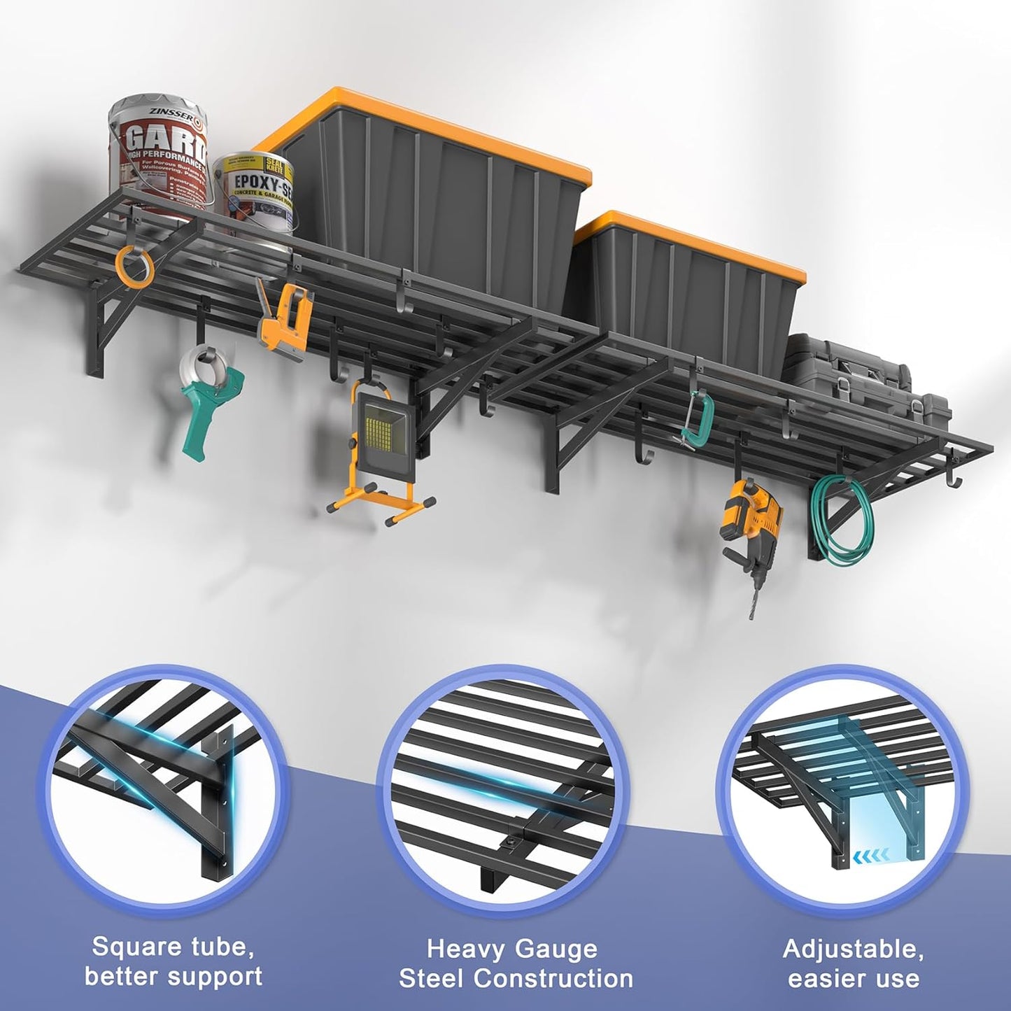 4-Pack 1.5x4ft Garage Shelving Wall Mounted, 1.5 x 4' Heavy Duty Garage Storage Shelves with Hooks, 800LB Capacity