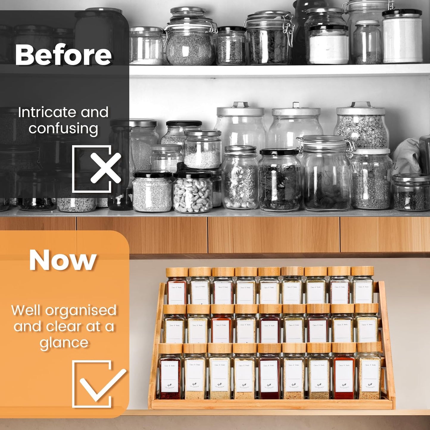 Bamboo Tiered Spice Rack, for Countertop Spice Organizer for Pantry Spice Shelf Organizer Kitchen Spices Rack，Cabinet spice rack，Cabinet seasoning rack