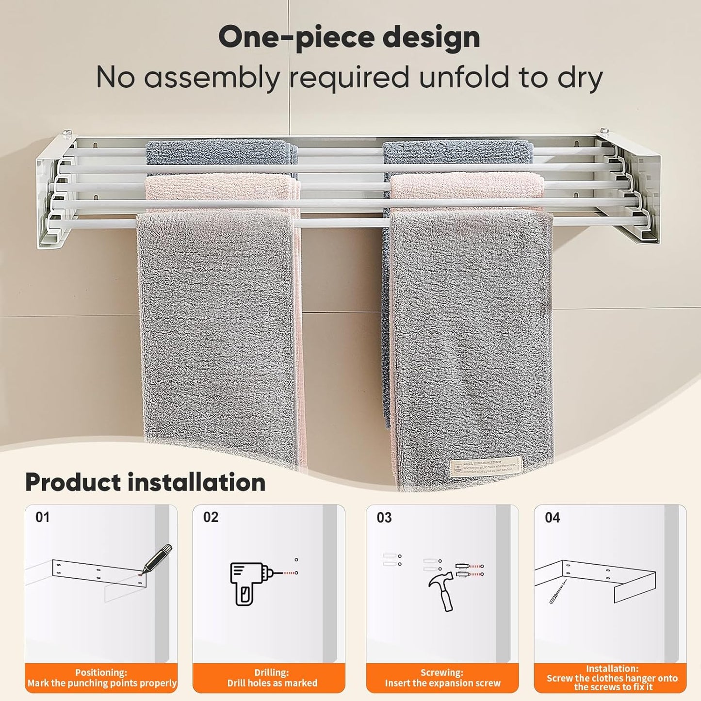 Clothes Drying Rack 20 inches Foldable Wall Mount Laundry Rack Folding Indoor Drying Rack Clothing Collapsible Hidden Space Saver with Wall Template 6 Rods White