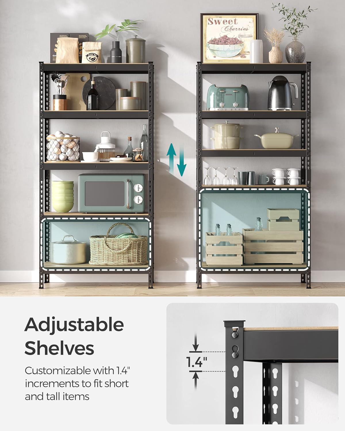 SONGMICS 5-Tier Storage Shelves, Load 2310 lb, Set of 2 Garage Storage, Boltless Assembly, Adjustable Shelving Unit, 17.7 x 35.4 x 70.9 Inches, for Study Shed Basement, Black UGLR450B02