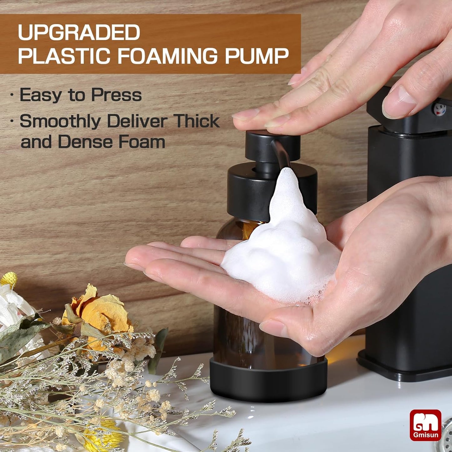 GMISUN Amber Foam Soap Dispenser, 8.5 Fl oz Amber Glass Foaming Hand Soap Dispenser for Bathroom & Kitchen, 2 Pcs Modern Refillable Foaming Soap Dispensers, Foam Pump Bottle with Label & Silicone Boot