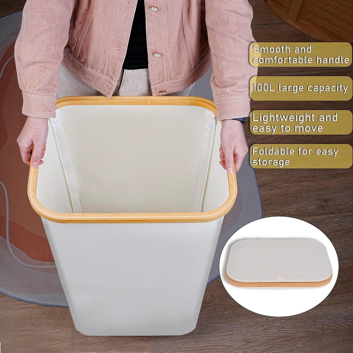 100L Laundry Hamper with Lid, Lagre Basket with Bamboo Handles,Foldable Clothes Hamper Tall Dirty Laundry Basket for Clothes Toys Towels Organizing,Beige