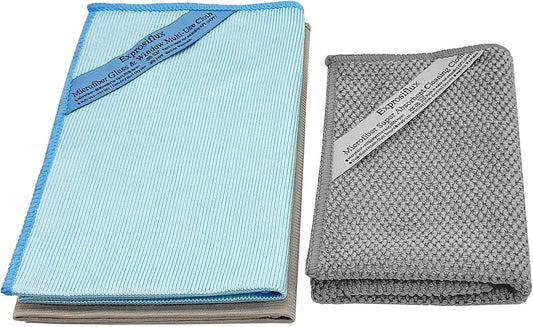 2-Step Glass Cleaning Cloth 3-Pack - Lint-Free Microfiber Towels Polish & Scrub Kit - Water Only Streak-Free for Windows, Cars, Mirrors - Blue, Brown, Gray
