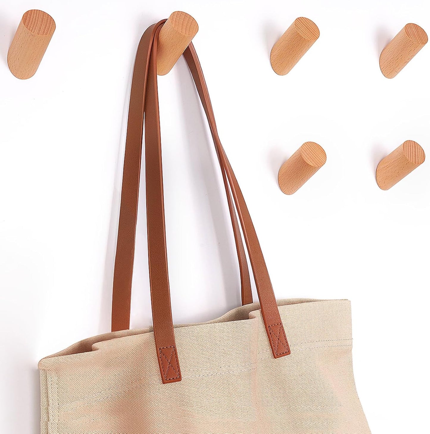 Wood Wall Hooks, 6 Pack Natural Wooden Coat Hooks Wall-Mounted, Rustic Heavy Duty Hook for Hanging Towels Coats Plants, Entryway Hat Hanger Wall Coat Rack (Beech Wood)