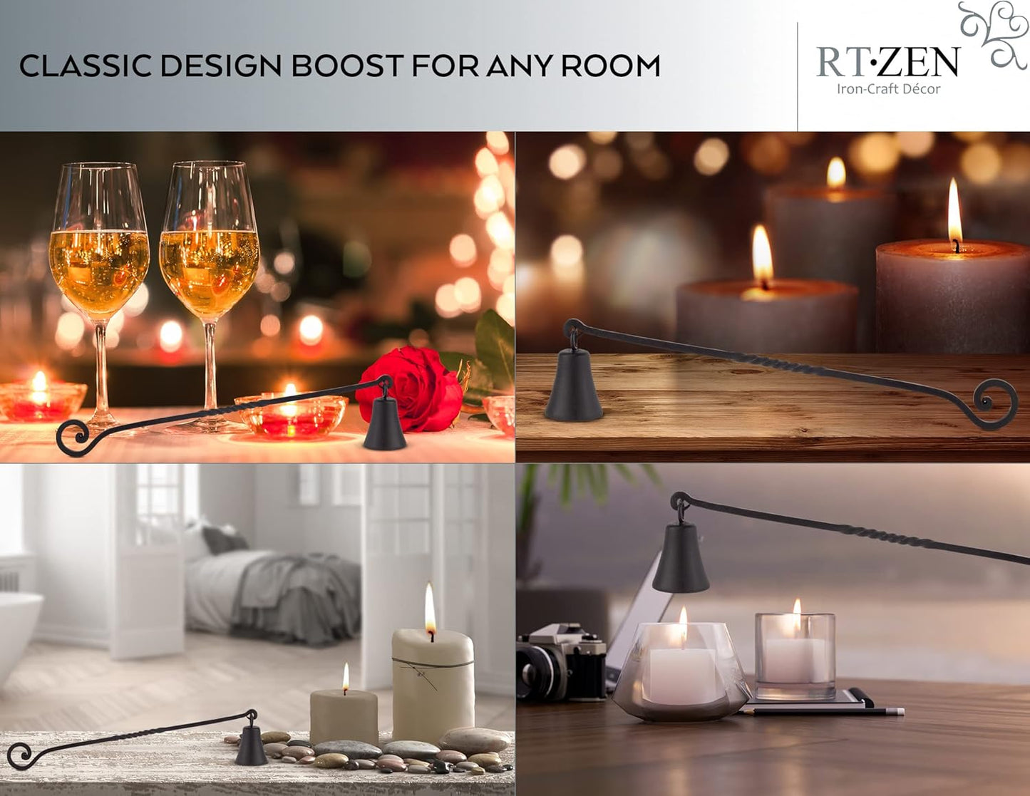 RTZEN Antique Bell Candle Snuffer - Handcrafted Decorative Rustic Wrought Iron Candle Extinguisher Candlesnuffer with Long Handle - Unique Black Matte Farmhouse Decor Accessories Gift