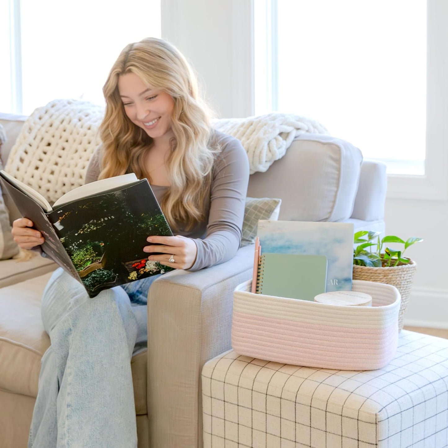 NaturalCozy 13.5”x8.5”x5.5” Rectangle Storage Baskets for Shelves 3 Pack | Cotton Rope Woven Small Baskets for Organizing | Small Storage Bins for Nursery, Bathroom, Closet, Shelf, Decorative