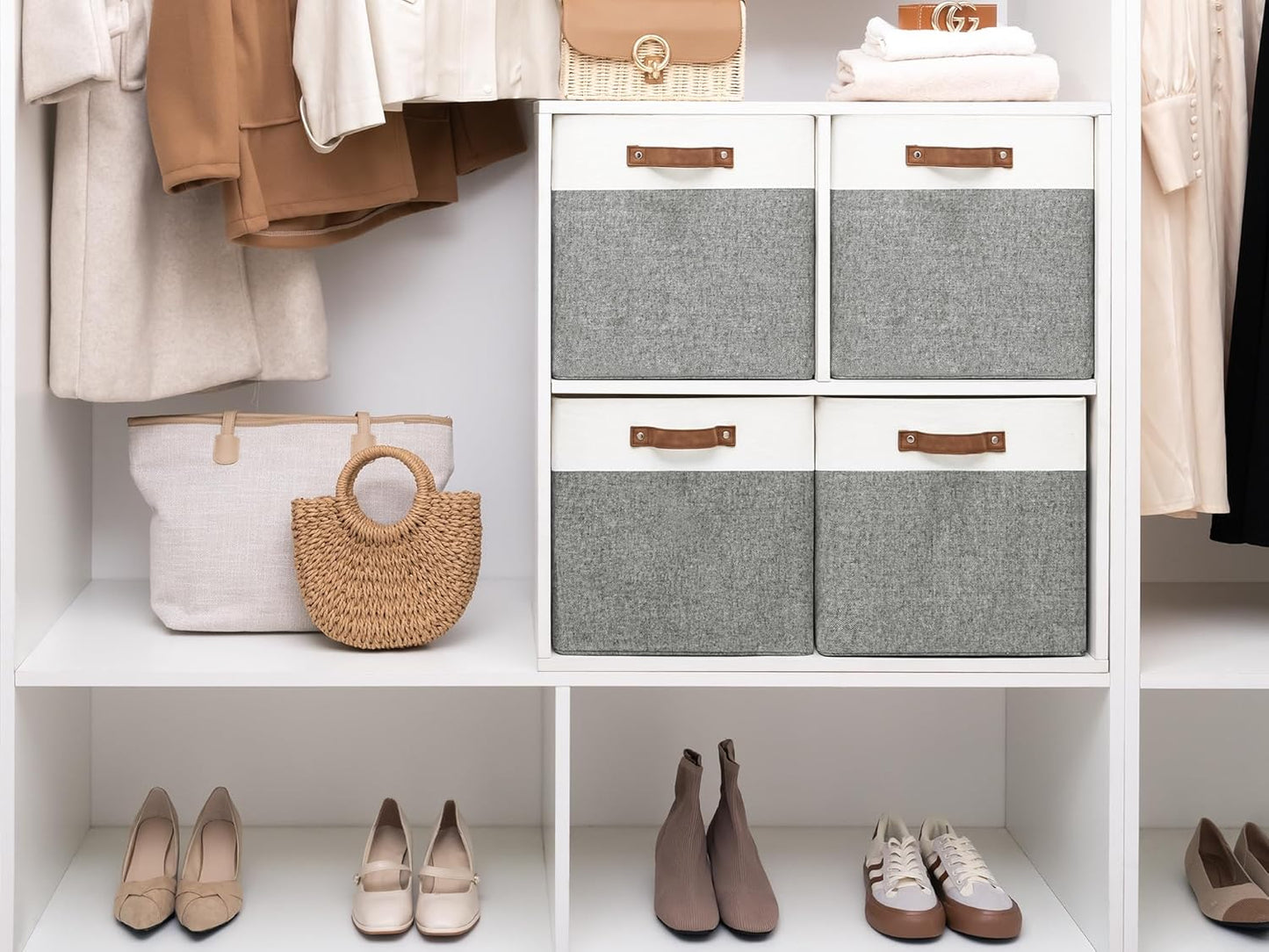 StorageWorks 13x13 Inches Storage Cube, Fabric Storage Bins with PU Handles, Collapsible Organizer Baskets for Closet, Gray and White, 4-Pack