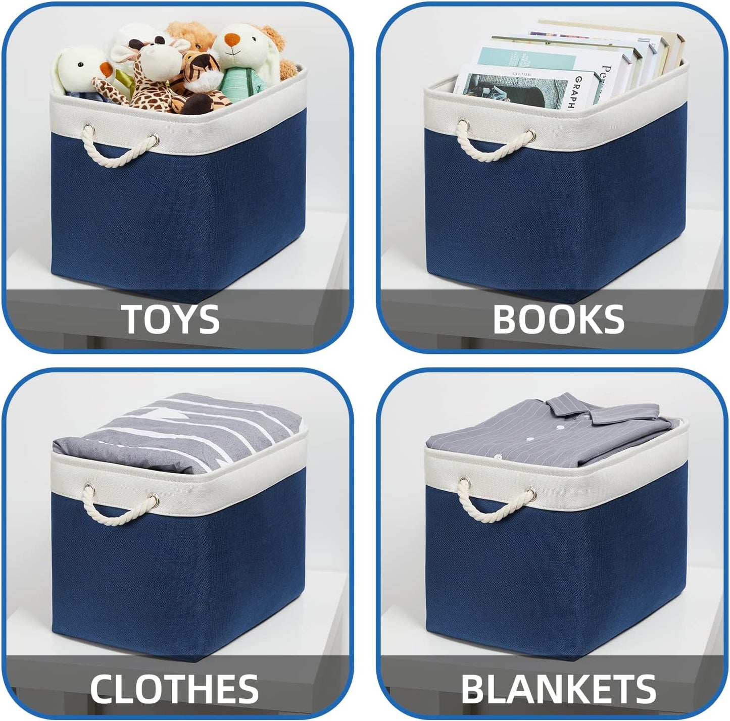 Temary Storage Baskets for Shelves, 2 Pcs Fabric Storage Bins Empty Gift Baskets for Organizing Clothes, Books, Decorative Basket with Rope Handles (White&Blue,16Lx12Wx12H Inches)