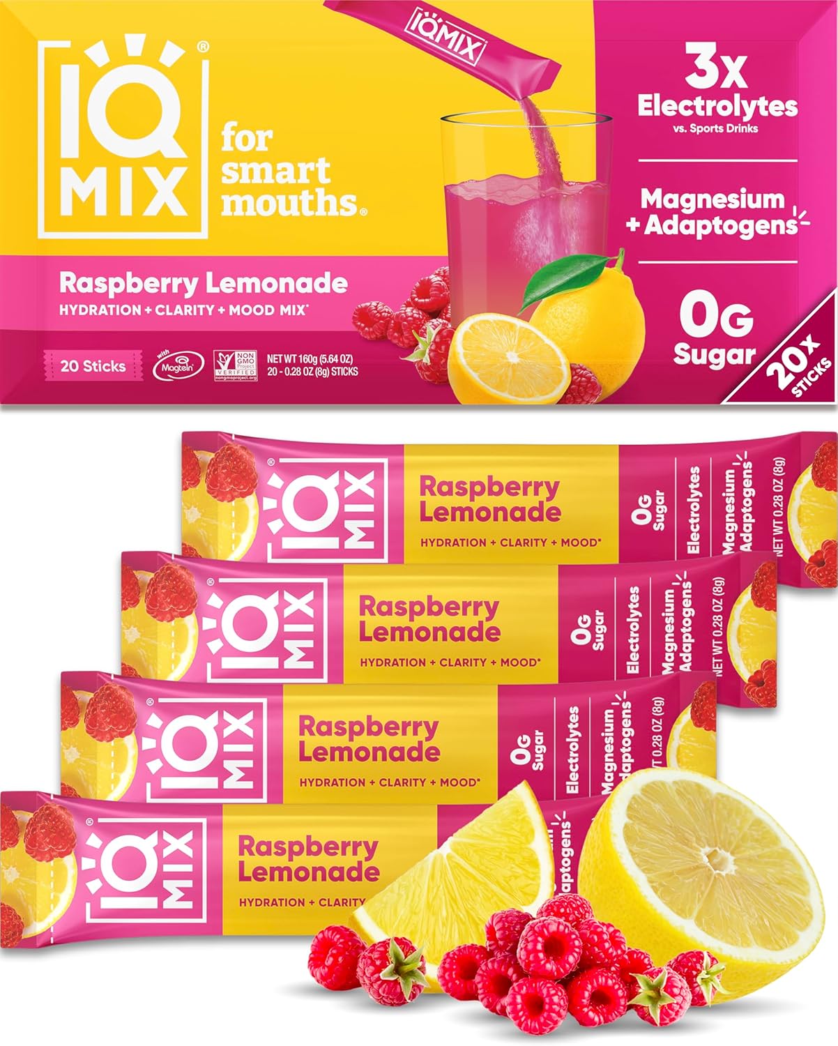 IQMIX Hydration Electrolyte Powder – 4-in-1 Formula for Hydration, Mental Clarity, Mood and Recovery – Sugar-Free Drink Mix, Keto, Magnesium L-Threonate, Lion’s Mane – 20 Count New Raspberry Lemonade