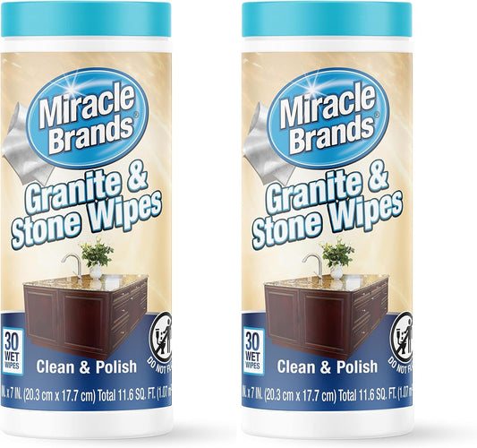 MiracleWipes for Granite & Stone, Clean, Protect, Polish Stone, Marble, Quartz, Slate, Tile, Laminate Surfaces in Kitchen and Bathroom - 30 Count (Pack of 2)