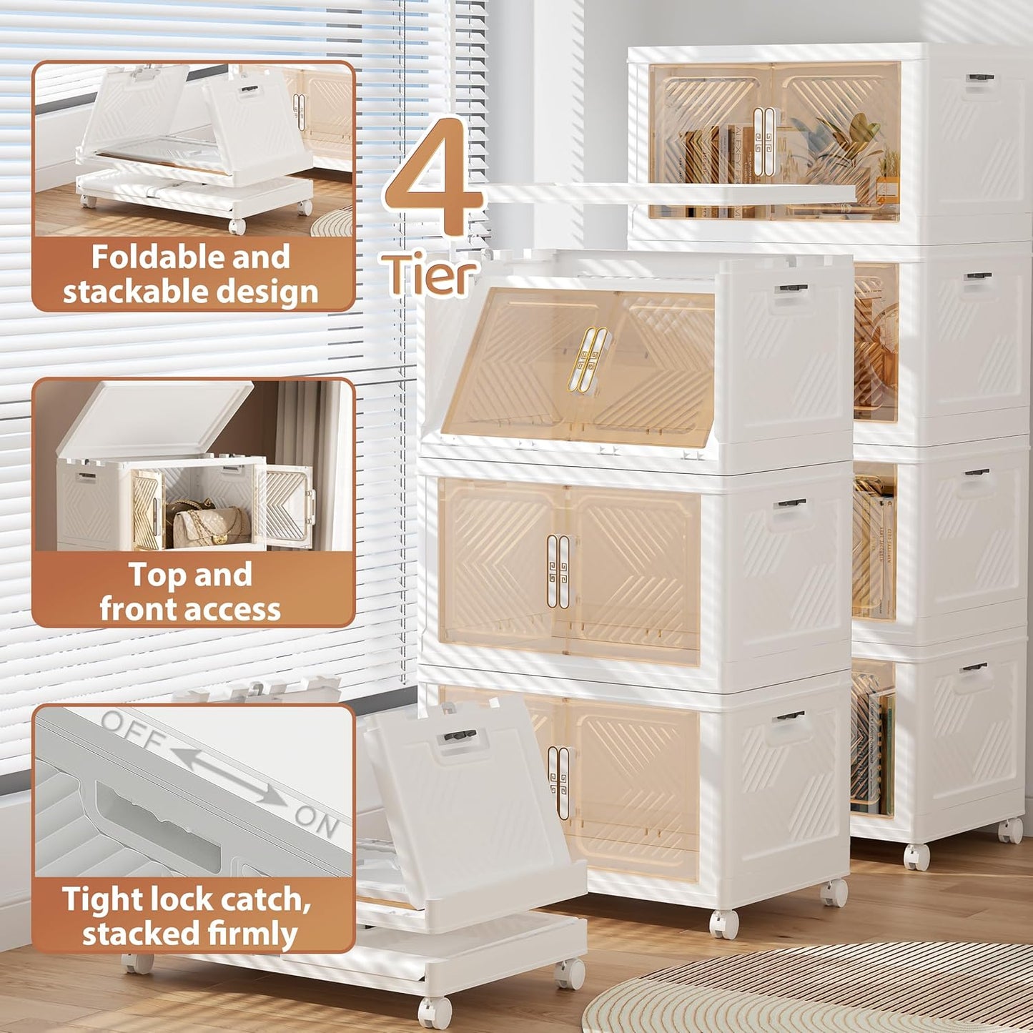 Storage Bins with Lid 120QT, Stackable Storage Containers with Wheels and Magnetic Doors, Plastic Clothes Closet Organizers and Storage Box for Pantry, Home and Office (4 Pack)