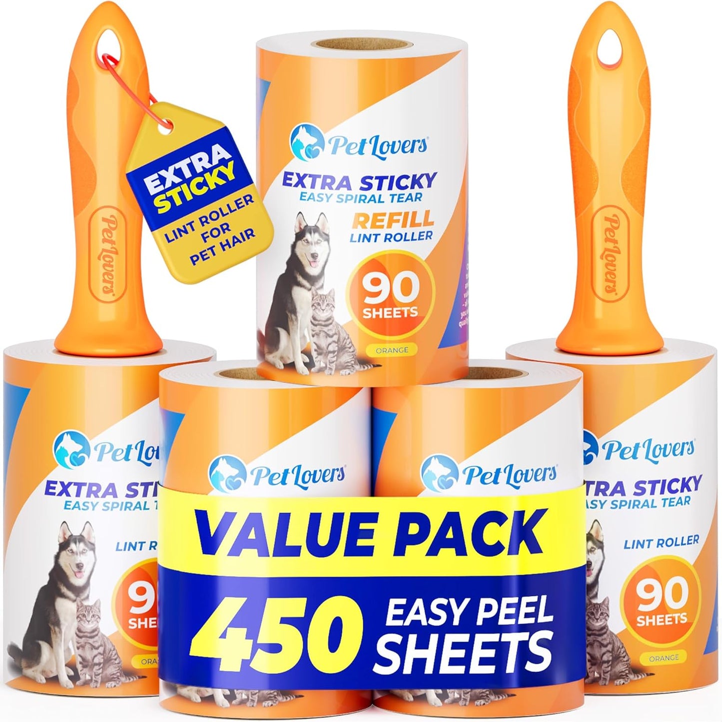 PetLovers Extra Sticky Lint Roller Mega Value Set 450 Sheets for Pet Hair Removal and Clothes, Dog and Cat Lint Remover 5 Pack Orange