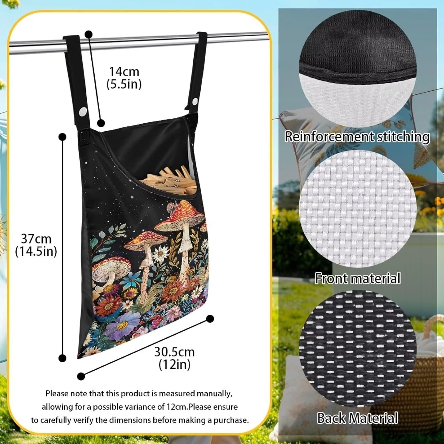 Mushroom Clothespin Storage Hanger Bags Laundry Clothespin Bag, Clothespin Bag with a Large Opening, Hanging Storage Organizer with Hanging Rope for Home Outdoor