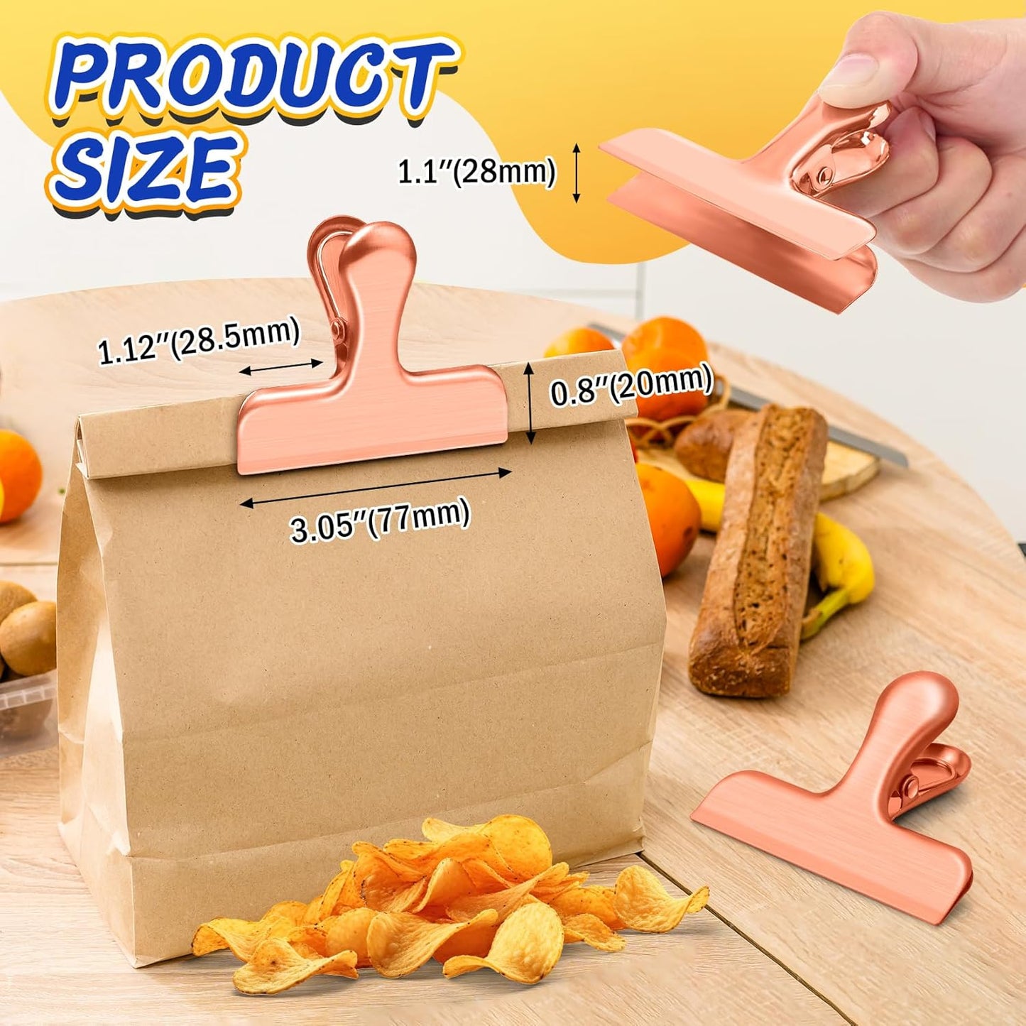 VNDUEEY 12 Pack Stainless Steel Chip Bag Clips, Chip Clips for Food Bags, Air Tight Seal Bag Clip for Snack, Heavy Duty Clip for Office and Kitchen - 3 Inches, Rose Gold