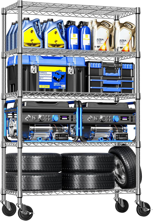 IZEUK 5-Tier Storage Shelving Unit with Wheels, Adjustable Heavy Duty Steel Wire Rack Organizer (Chrome, 17.7" D x 47.2" W x 76.7" H, 1750 lbs Capacity) for Garage, Kitchen, Pantry, Laundry, Basement