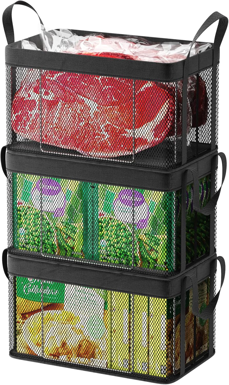 iSPECLE Freezer Organizer Bins - 3 Pack Large Stackable Deep Freezer Organizer Bins for 5 to 7 Cu.Ft Chest Freezers Easy Get Foods without Digging, Faster Freezing Better Freshness, Black