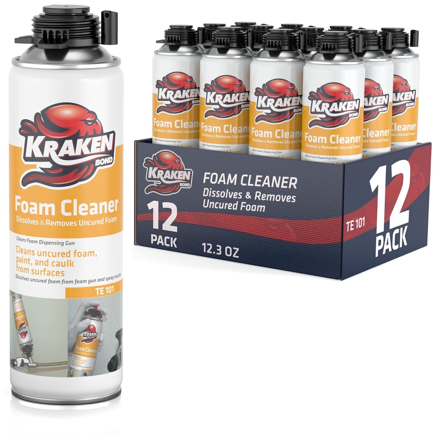 Kraken Bond Spray Foam Gun Cleaner - (12x12.3oz) Polyurethane Insulation Cleaner Spray, Dissolves Uncured Expanding Foam Cleaner Spray for Extended Tool Durability - 12 Pack