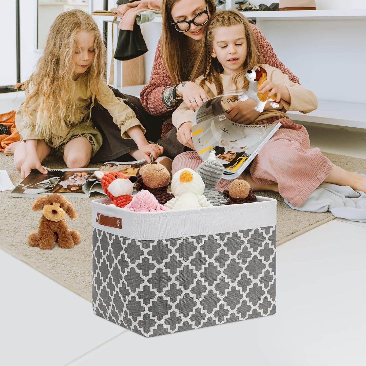 DULLEMELO Foldable Nursery Storage Baskets Canvas Storage Bins for Organizing 2 Pack Collapsible Home Organizer With Leather Handles (White&Lattice Grey)