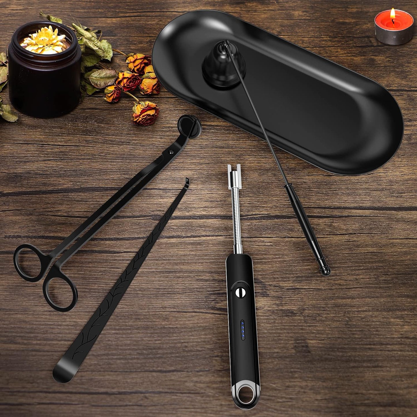 Lsnisni 5Pcs Candle Accessory Set With Rechargeable Electric Lighter, Storage Tray, Wick Trimmer, Snuffer, Dipper - Stainless Steel Care Kit With Gift Package for Candle Lovers - Black