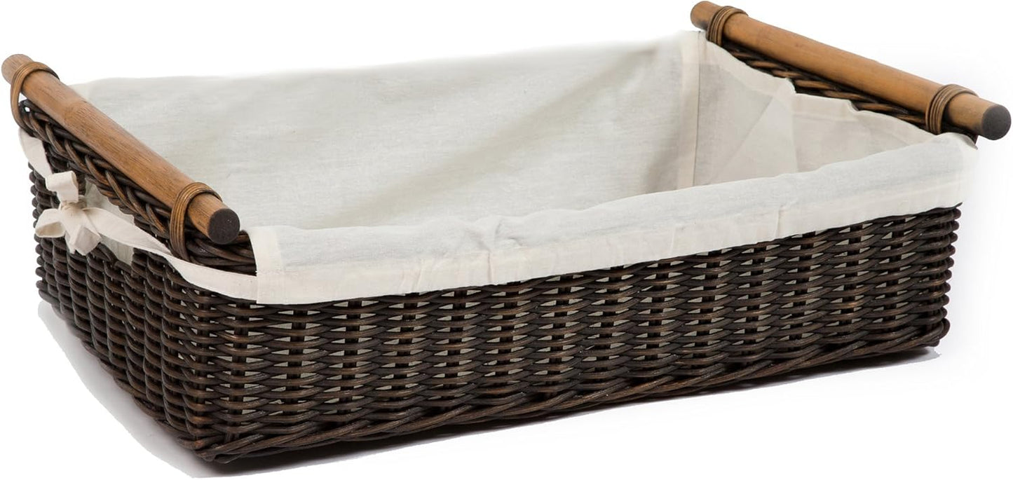 The Basket Lady Low Pole Handle Wicker Storage Basket, Medium, 17 in L x 10.5 in W x 5.5 in H, Antique Walnut Brown